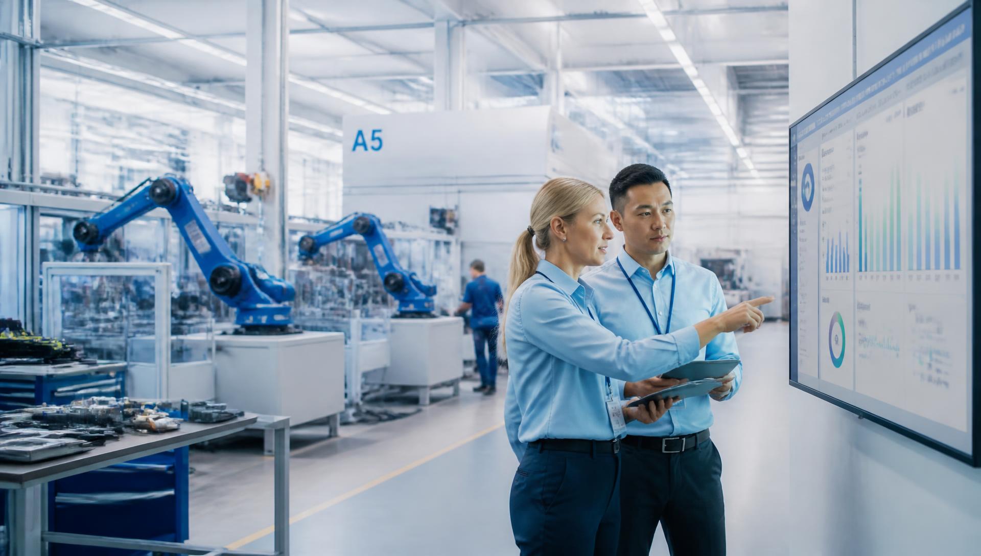 Operação industrial contemporânea com engenheiros analisando dados de produção